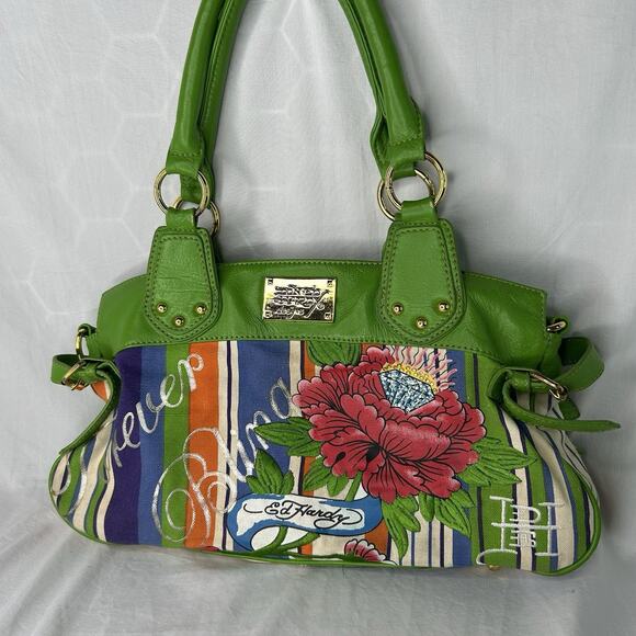Don Ed Hardy VTG Y2K Flower Power Satchel Handbag Purse Bling Logo Striped Large - Picture 1 of 14